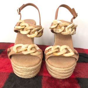 Tori Burch Canvas Chain Jute Wedge Sandals 7.5